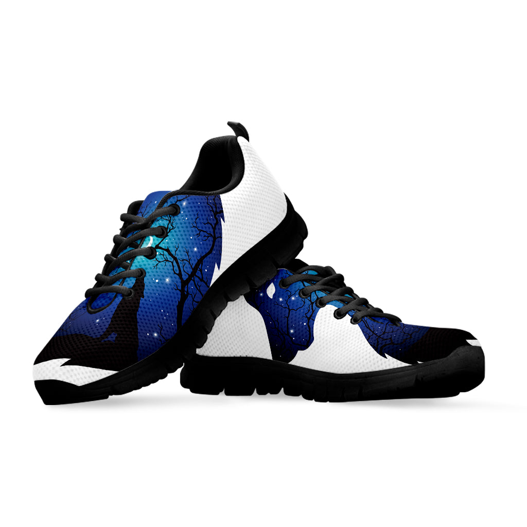 Night Forest Wolf Spirit Print Black Sneakers