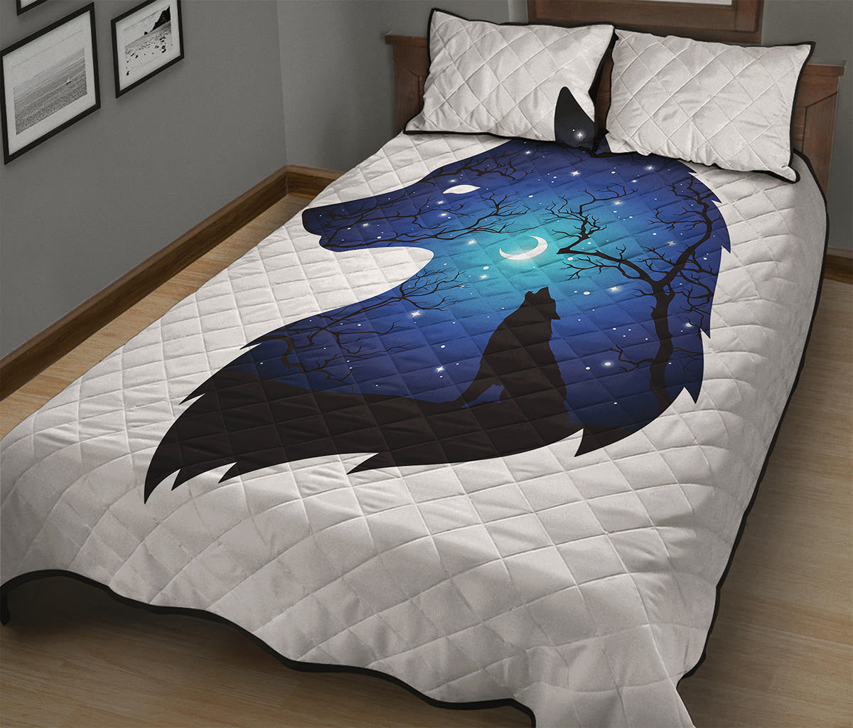 Night Forest Wolf Spirit Print Quilt Bed Set