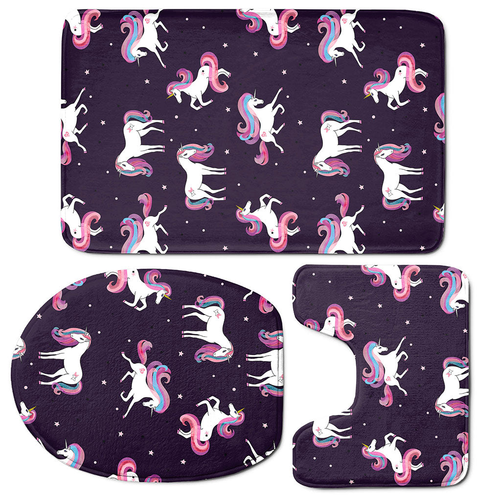 Night Girly Unicorn Pattern Print 3 Piece Bath Mat Set
