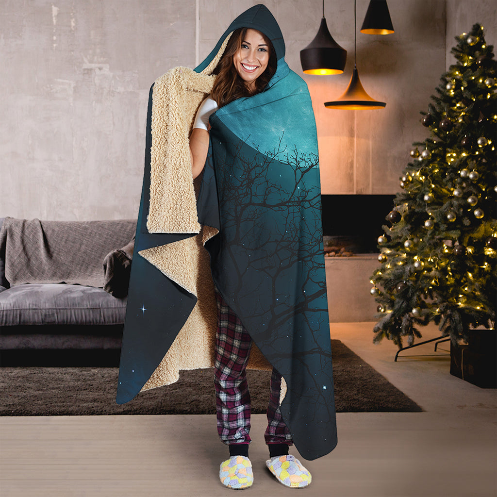 Night Sky And Full Moon Print Hooded Blanket