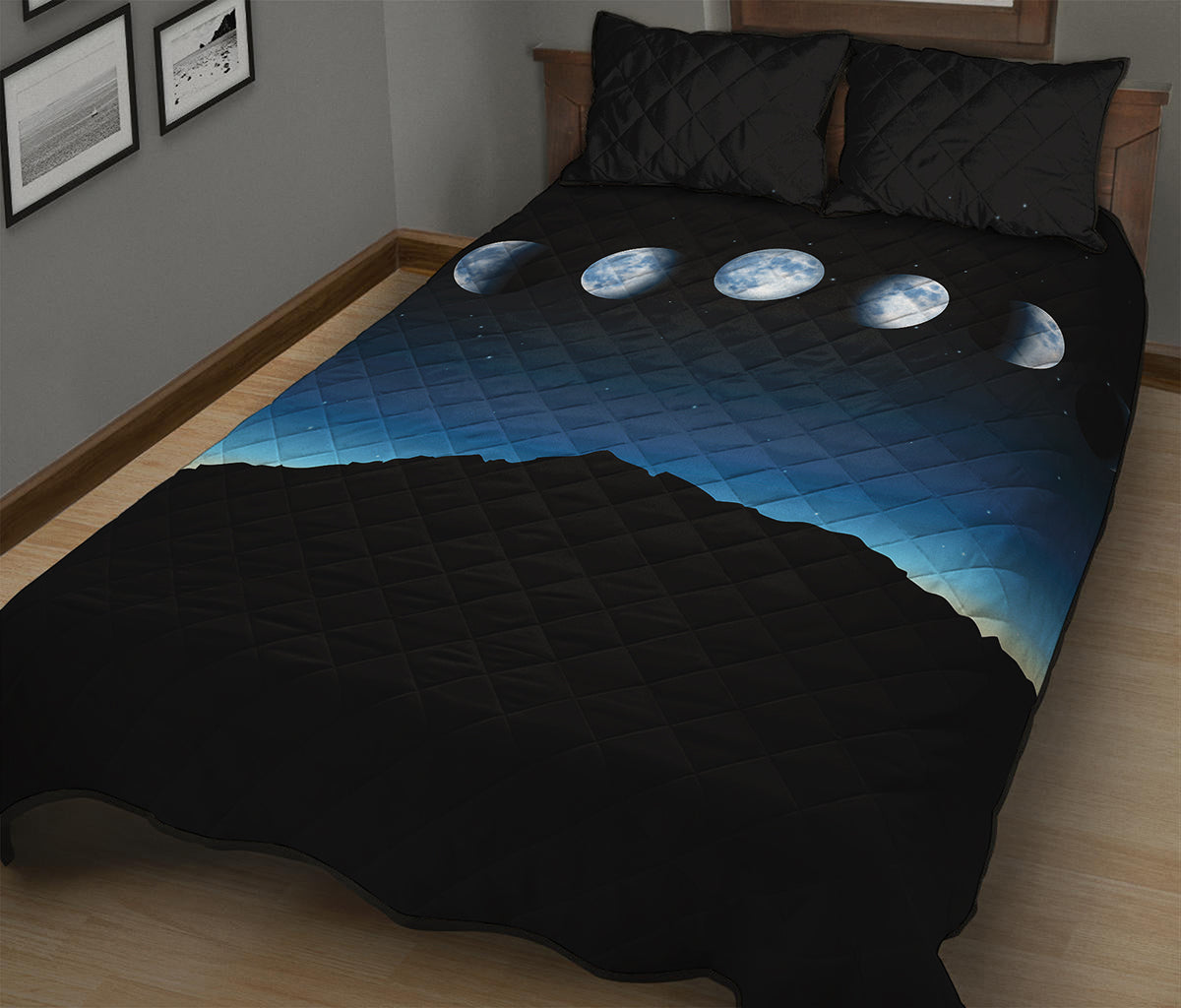 Night Sky And Moon Phase Print Quilt Bed Set
