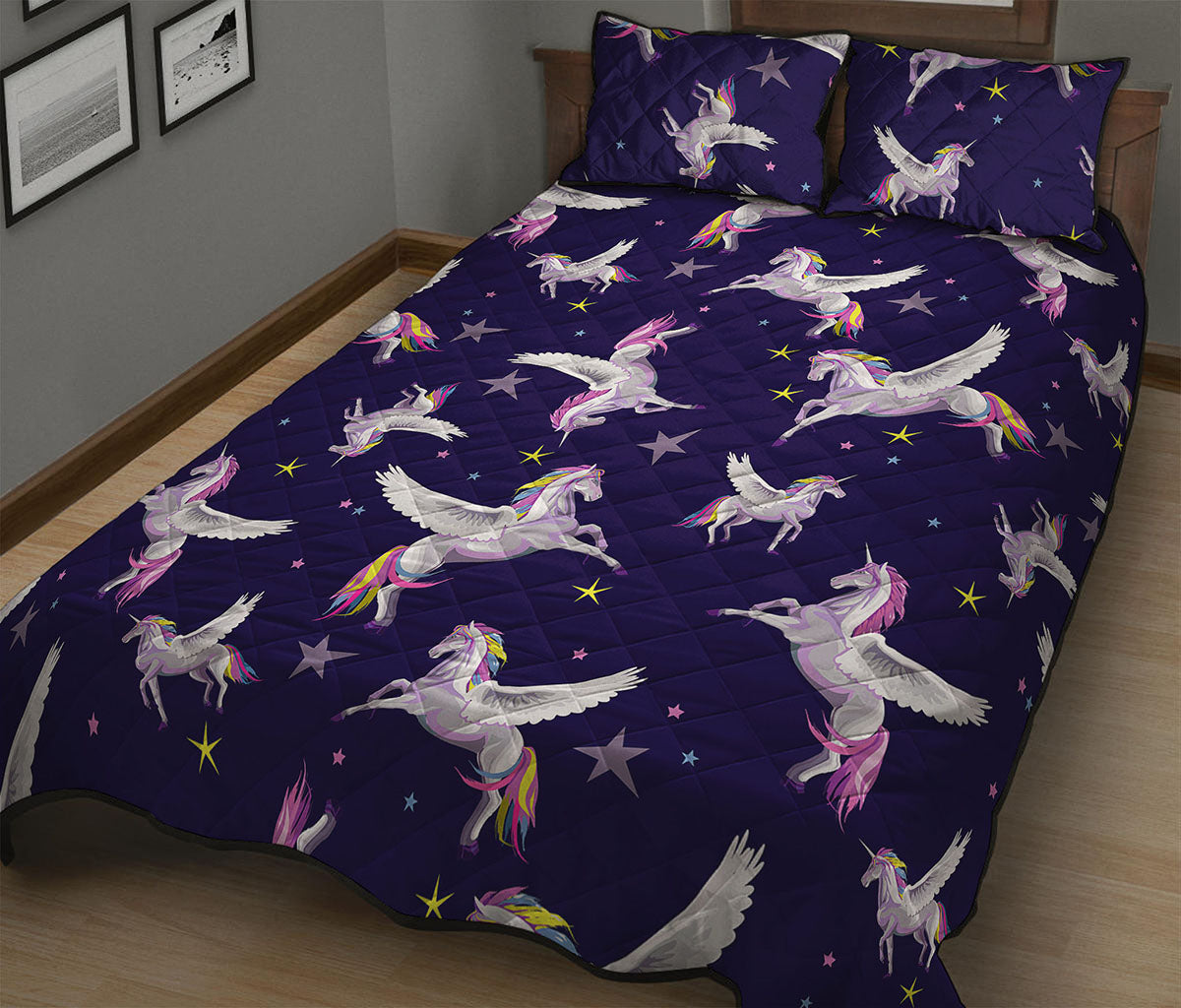 Night Winged Unicorn Pattern Print Quilt Bed Set