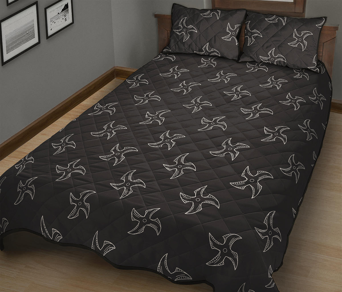 Ninja Shuriken Pattern Print Quilt Bed Set
