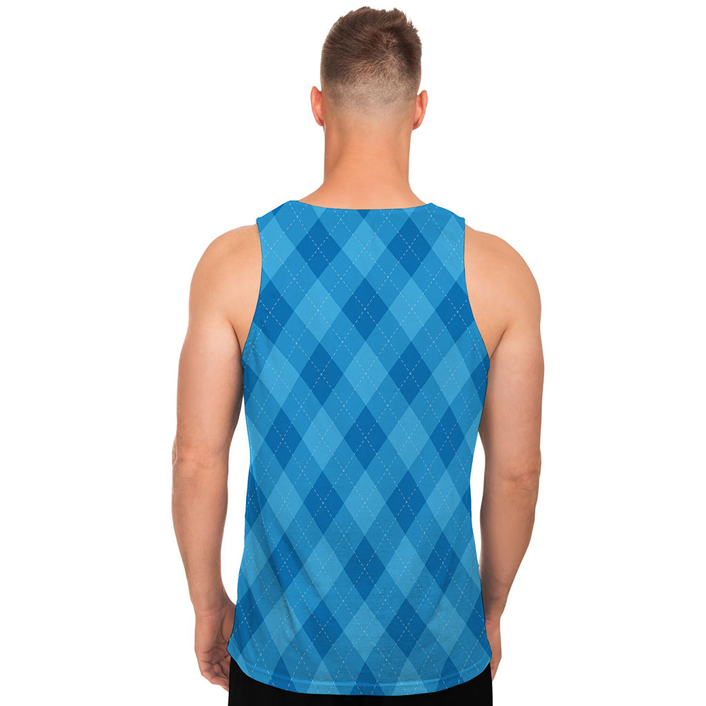 Ocean Blue Argyle Pattern Print Men's Tank Top