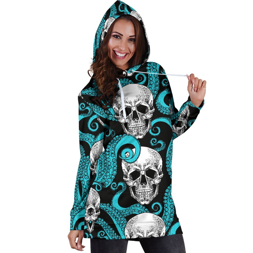 Octopus Tentacles Skull Pattern Print Hoodie Dress GearFrost