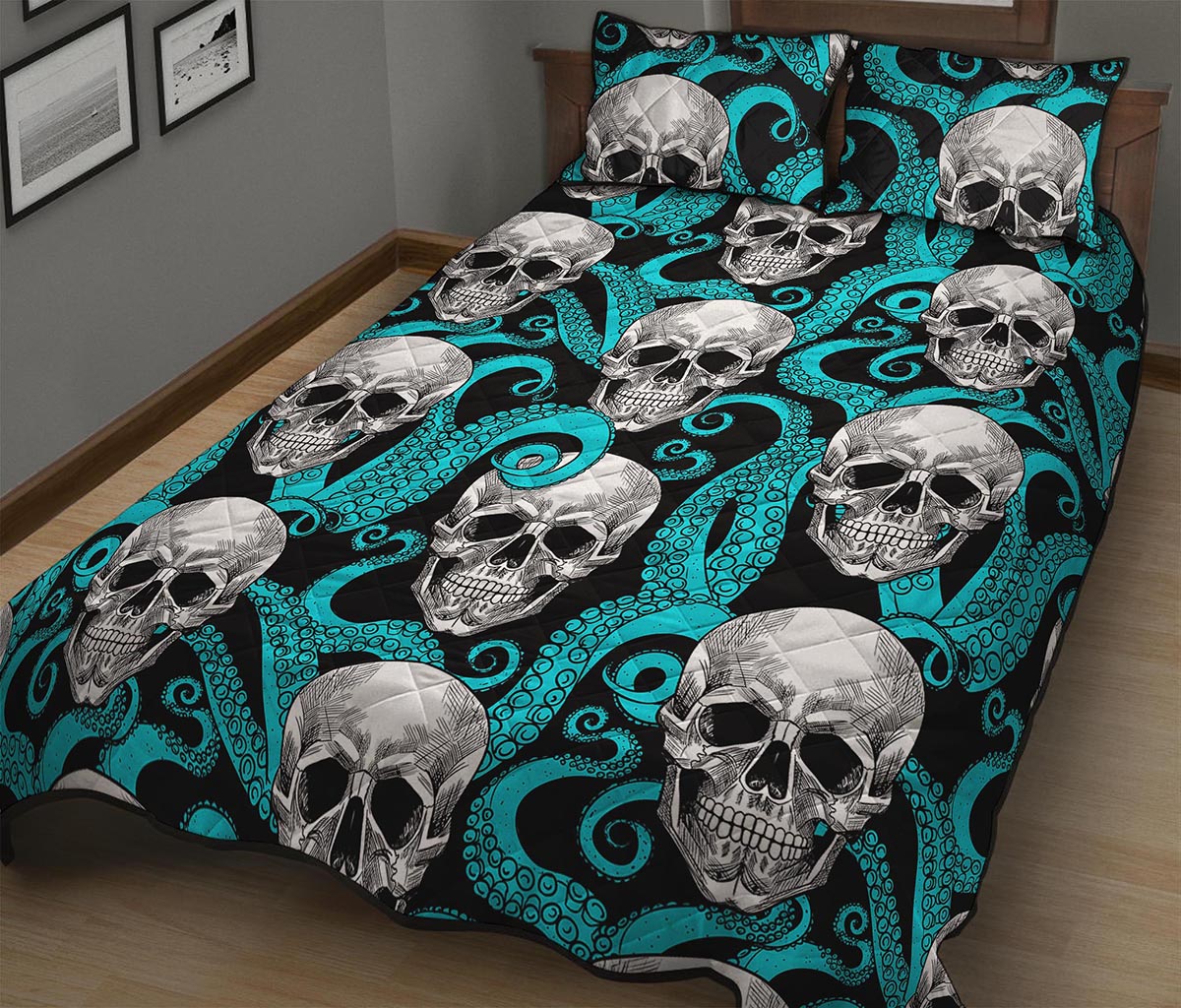 Octopus Tentacles Skull Pattern Print Quilt Bed Set