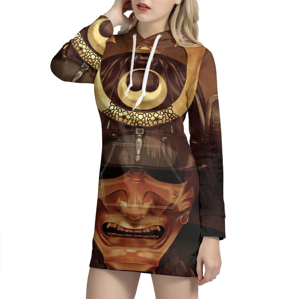 Old Japanese Samurai Mask Print Pullover Hoodie Dress