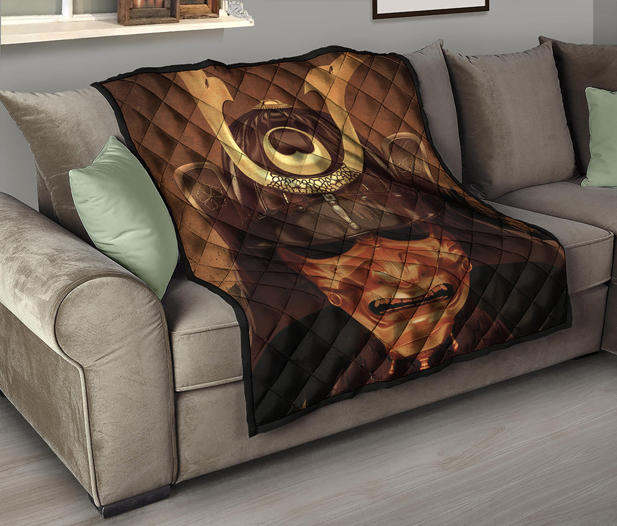 Old Japanese Samurai Mask Print Quilt