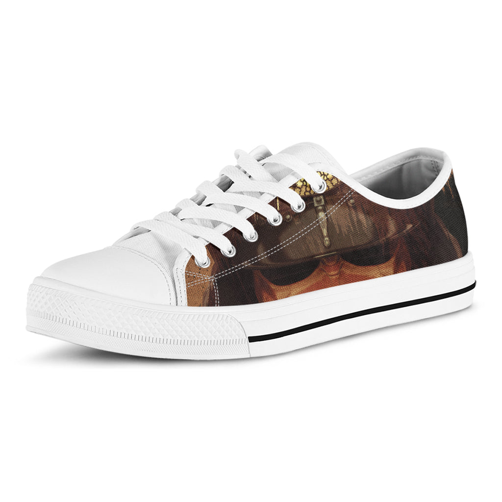 Old Japanese Samurai Mask Print White Low Top Shoes