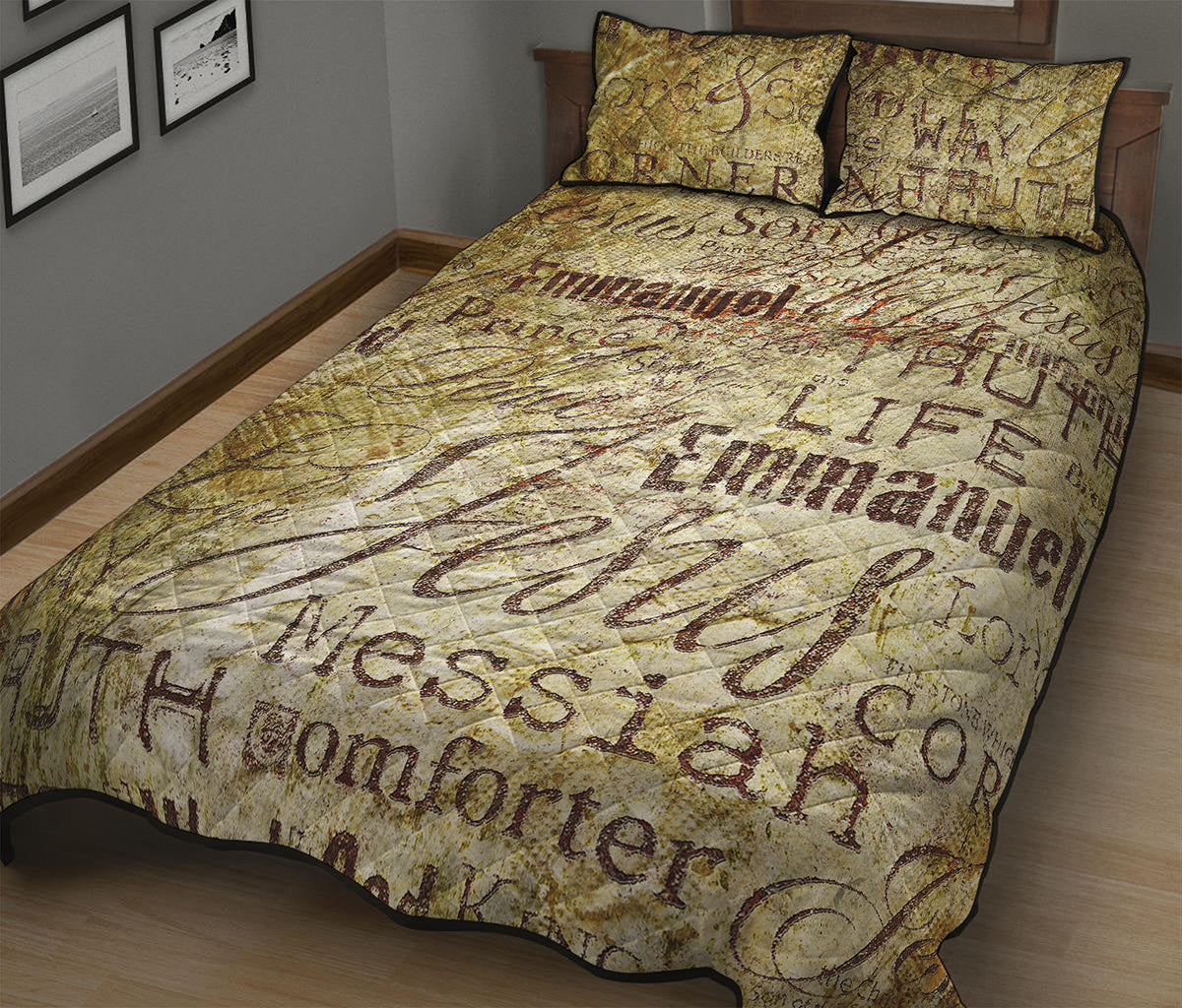 Old Religious Words Print Quilt Bed Set