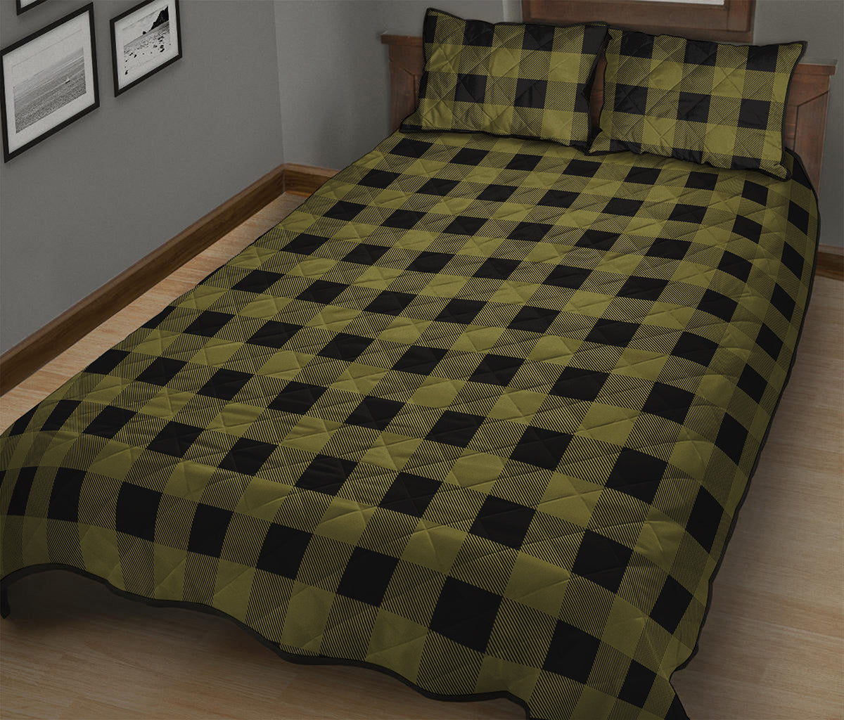 Olive Green Buffalo Check Pattern Print Quilt Bed Set