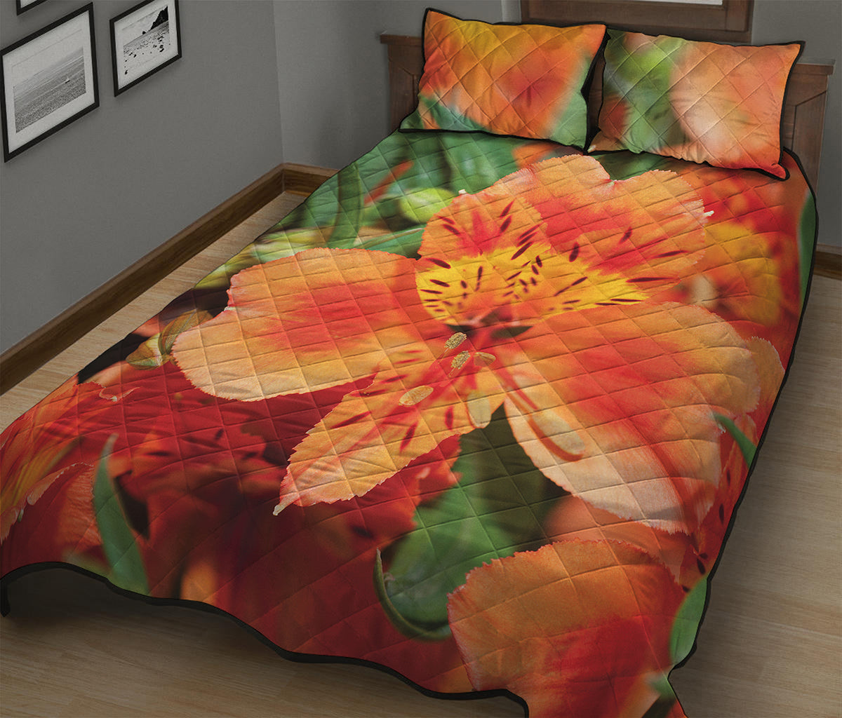 Orange Alstroemeria Print Quilt Bed Set