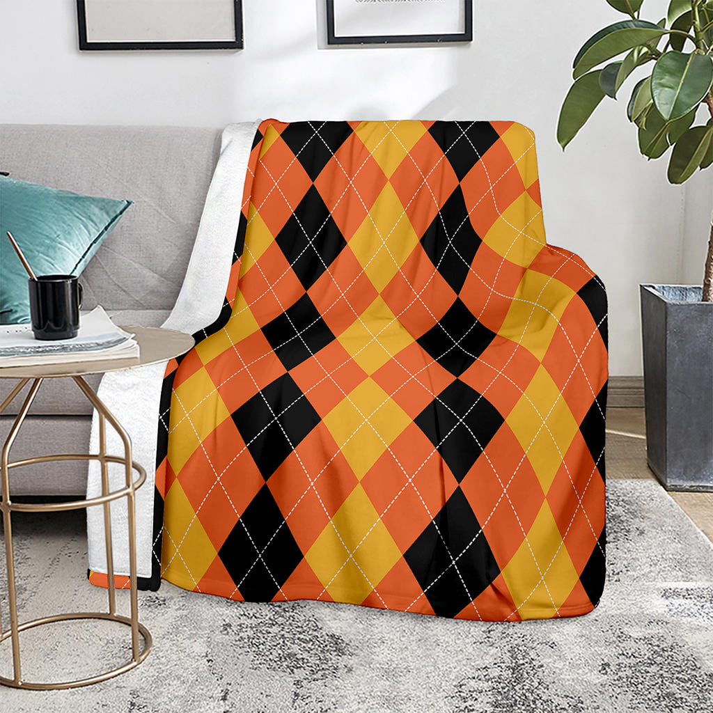 Orange And Black Argyle Pattern Print Blanket