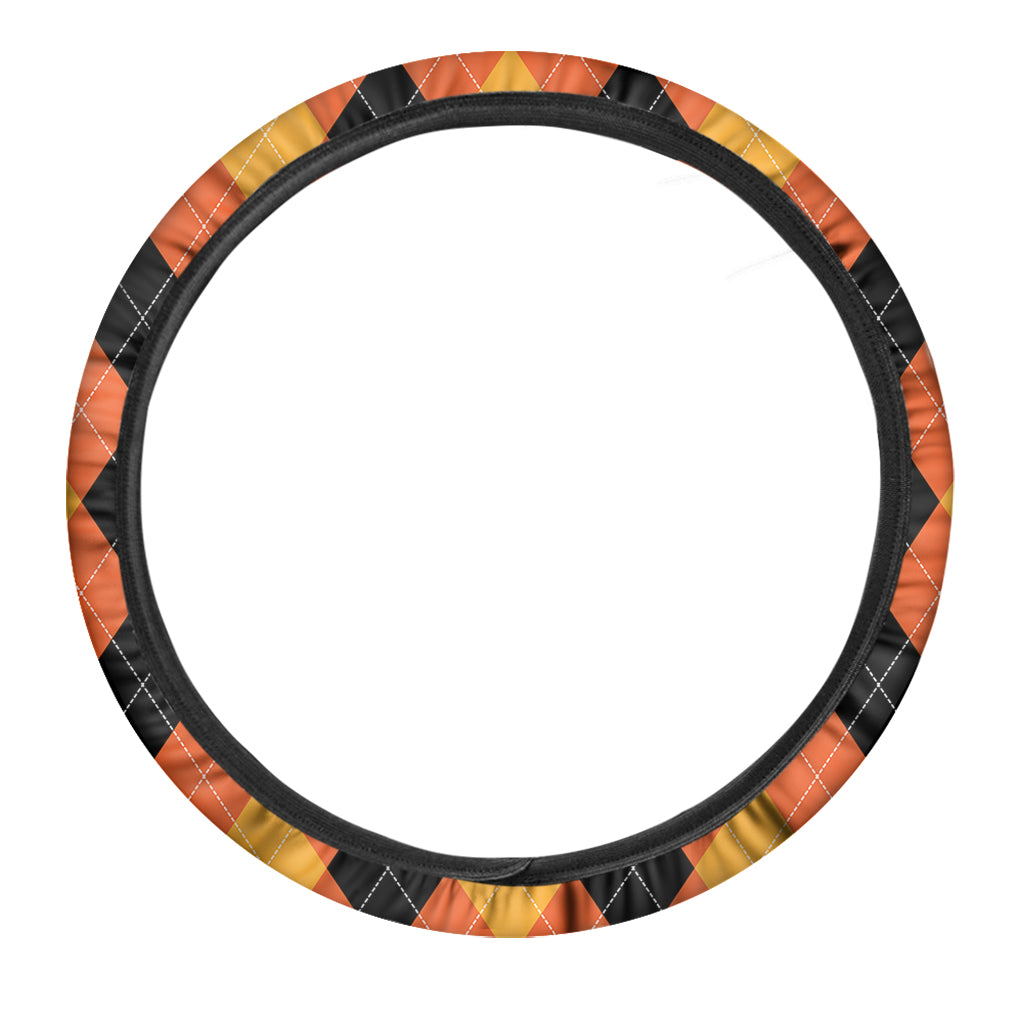 Orange And Black Argyle Pattern Print Car Steering Wheel Cover
