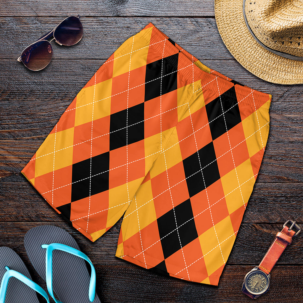 Orange And Black Argyle Pattern Print Men's Shorts