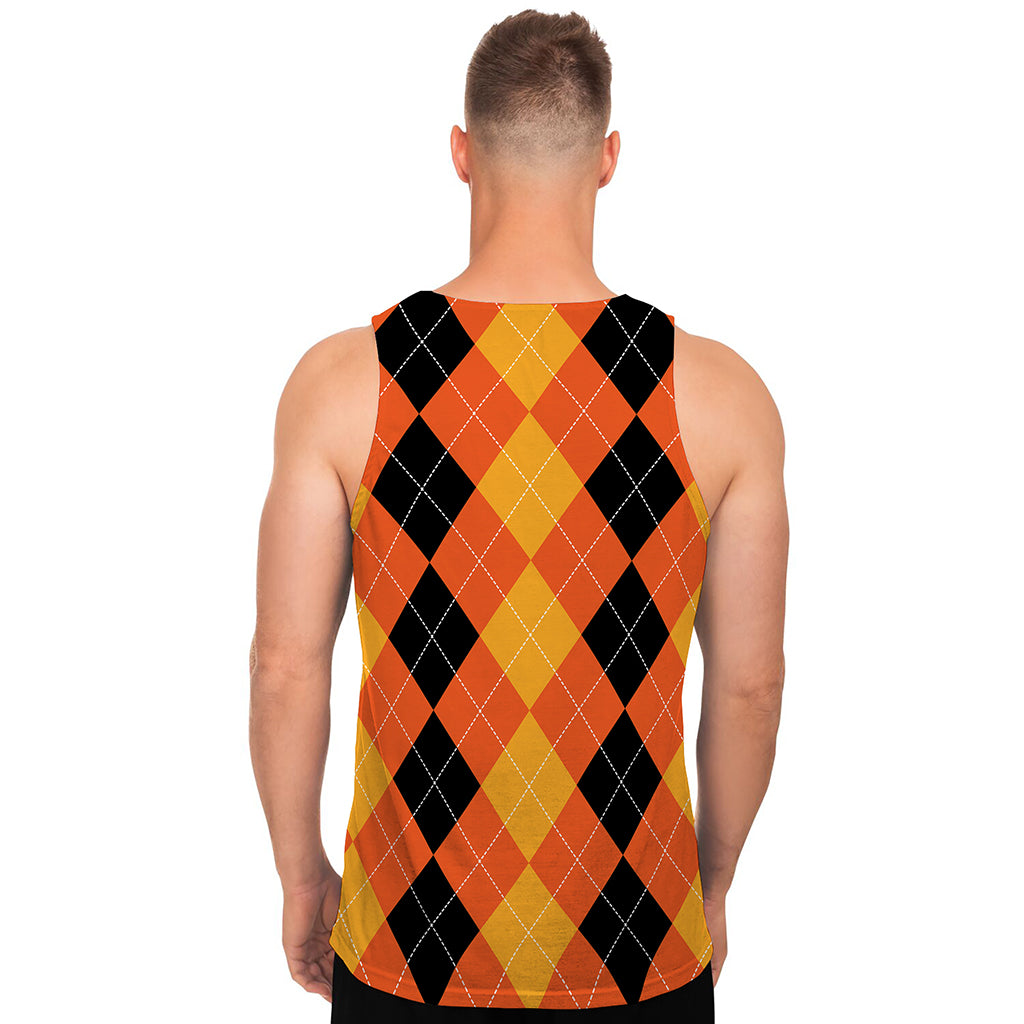 Orange And Black Argyle Pattern Print Men's Tank Top