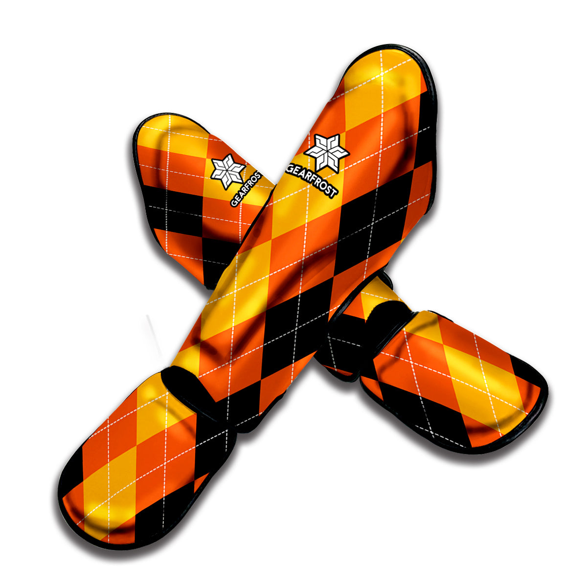 Orange And Black Argyle Pattern Print Muay Thai Shin Guard