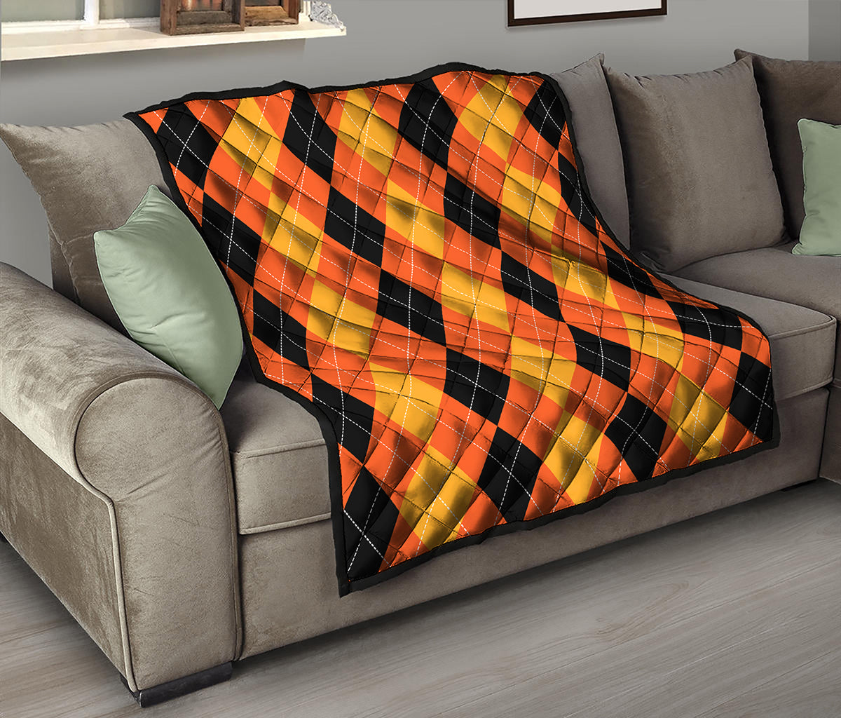 Orange And Black Argyle Pattern Print Quilt