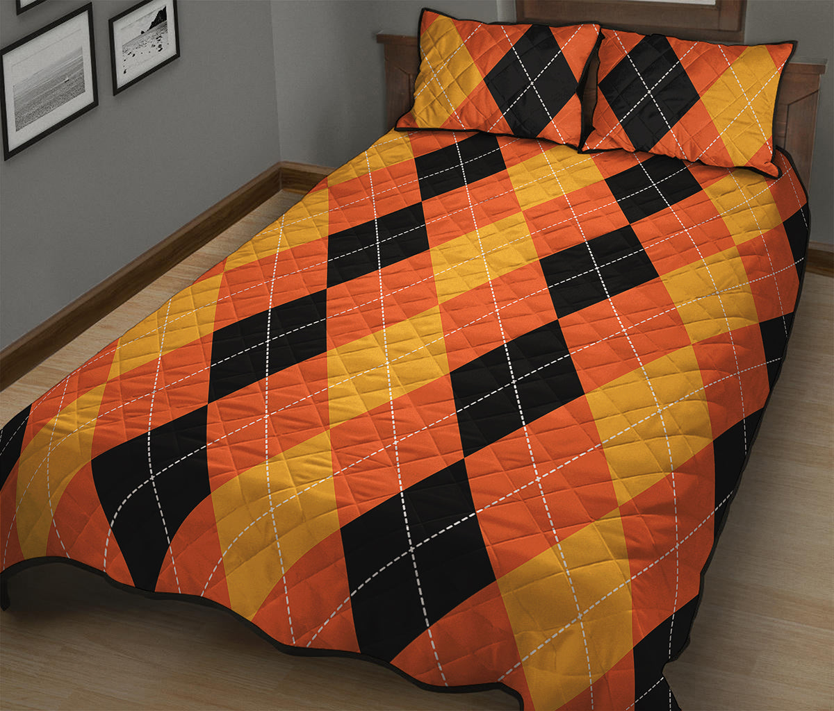 Orange And Black Argyle Pattern Print Quilt Bed Set