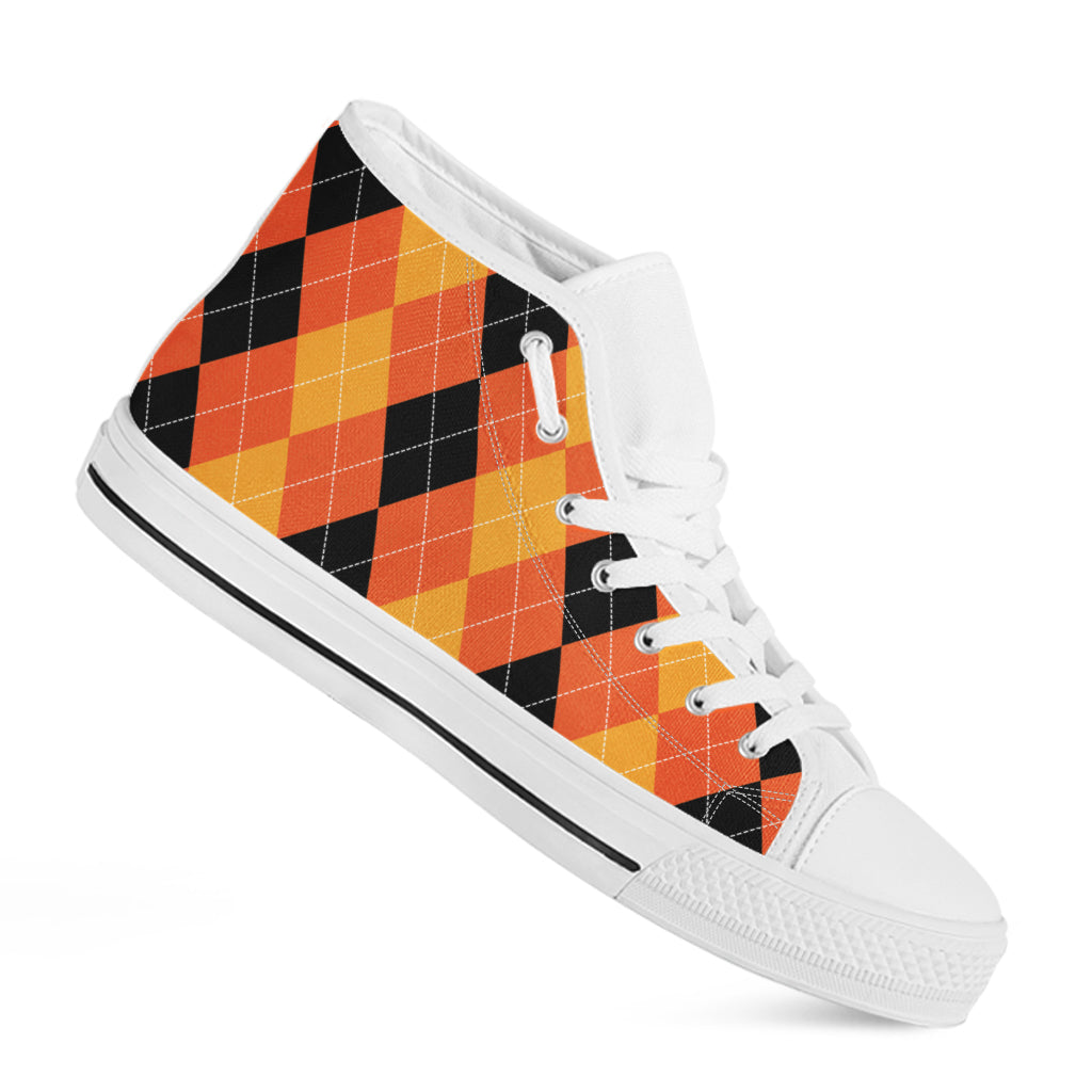 Orange And Black Argyle Pattern Print White High Top Shoes