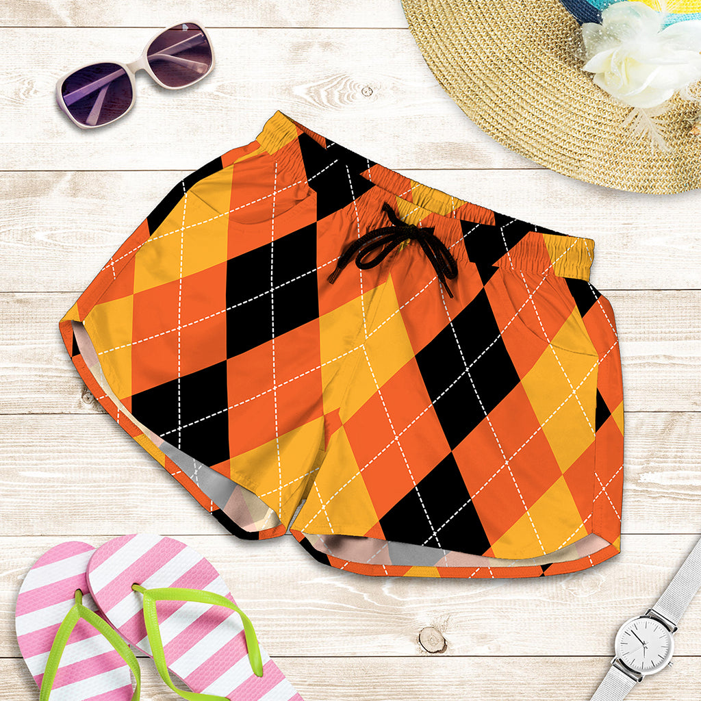 Orange And Black Argyle Pattern Print Women's Shorts