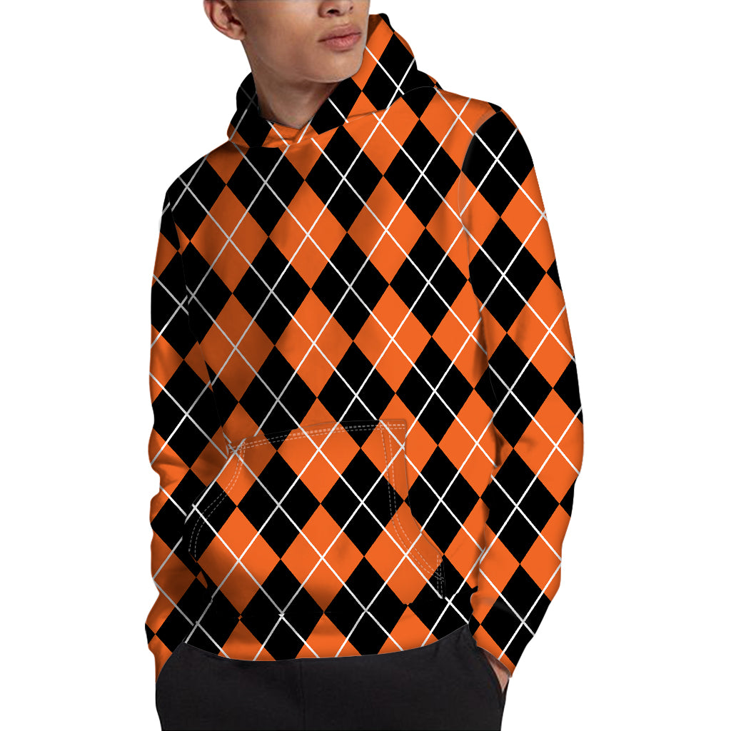 Orange And Black Argyle Print Pullover Hoodie
