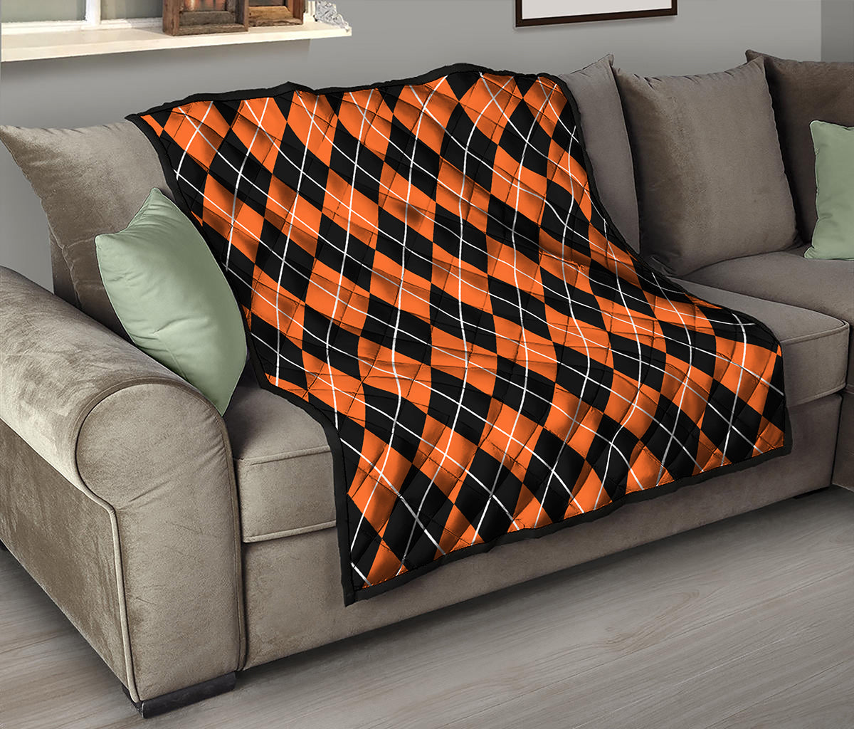 Orange And Black Argyle Print Quilt