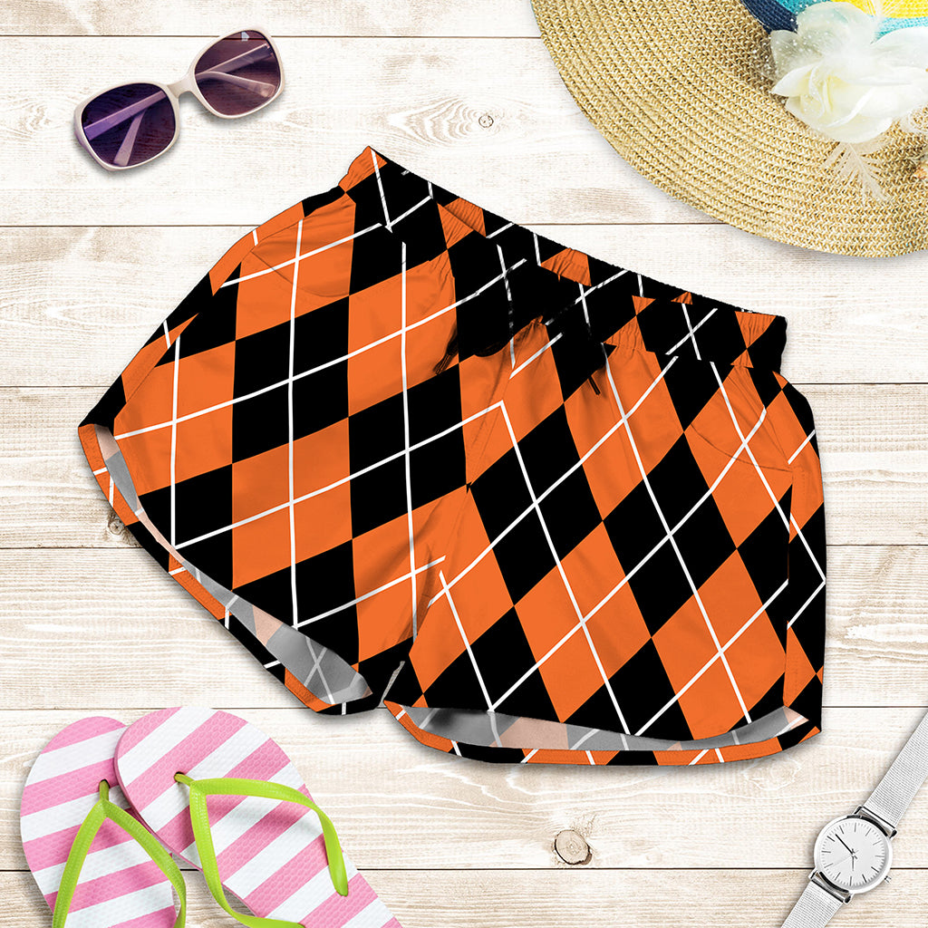 Orange And Black Argyle Print Women's Shorts