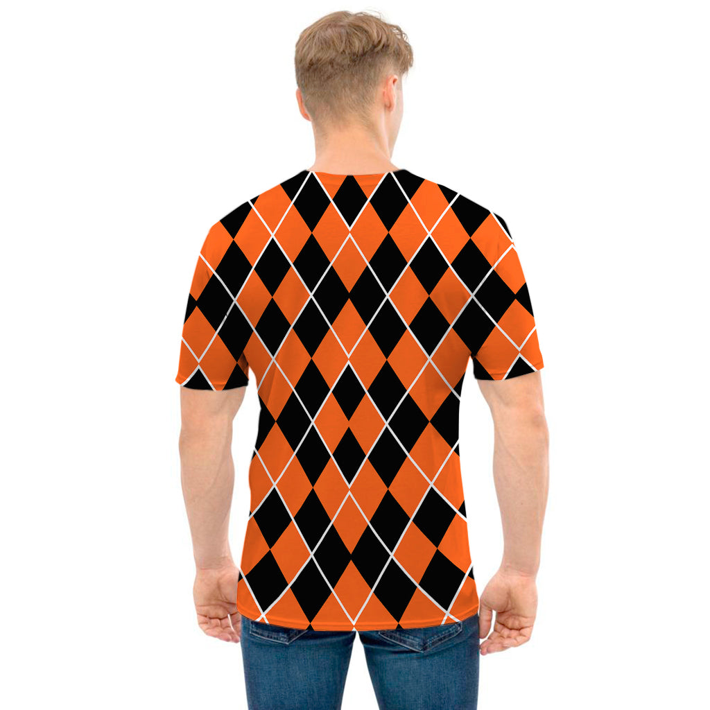 Orange And Black Halloween Argyle Print Men's T-Shirt