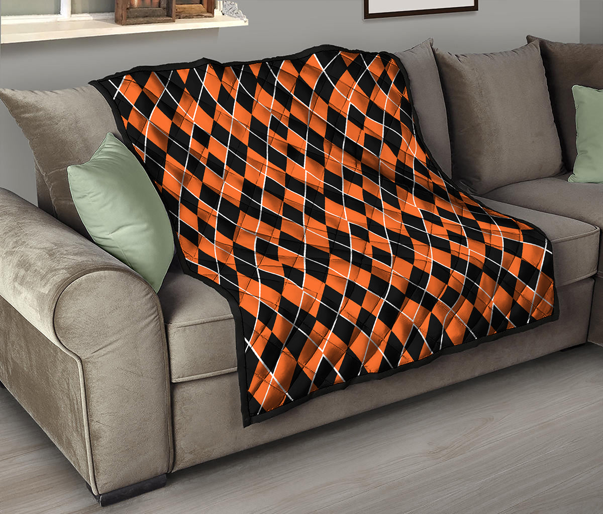 Orange And Black Halloween Argyle Print Quilt