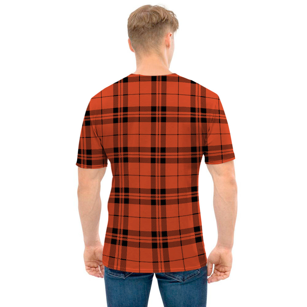 Orange And Black Tartan Pattern Print Men's T-Shirt