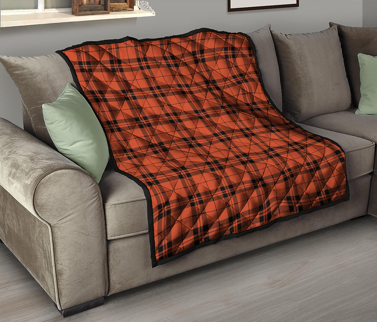 Orange And Black Tartan Pattern Print Quilt