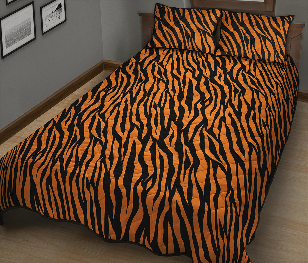 Orange And Black Tiger Stripe Print Quilt Bed Set