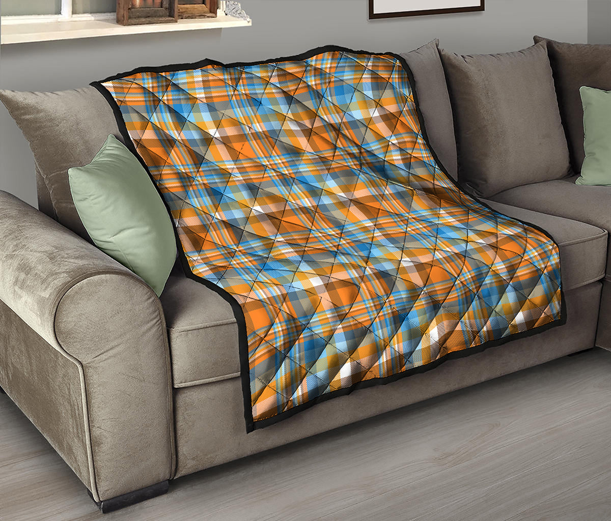 Orange And Blue Madras Pattern Print Quilt