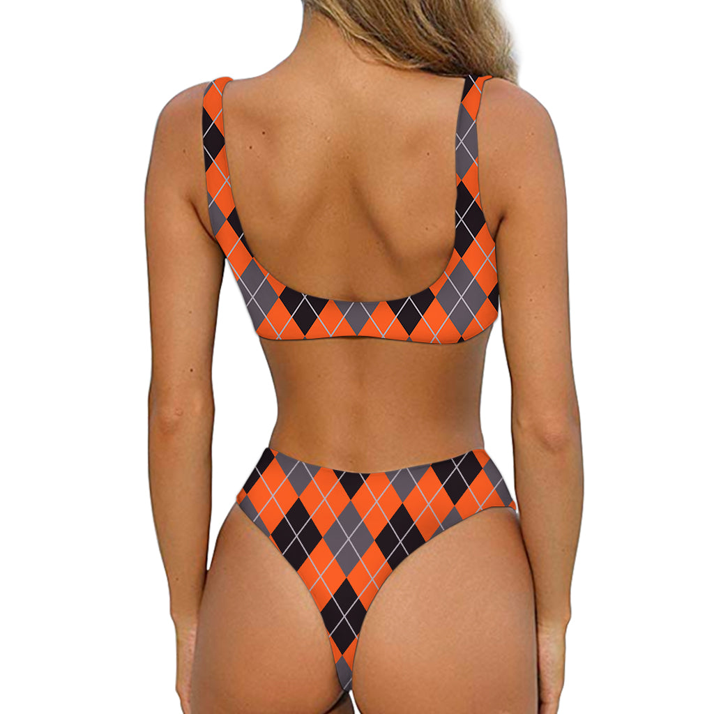 Orange And Grey Halloween Argyle Print Front Bow Tie Bikini