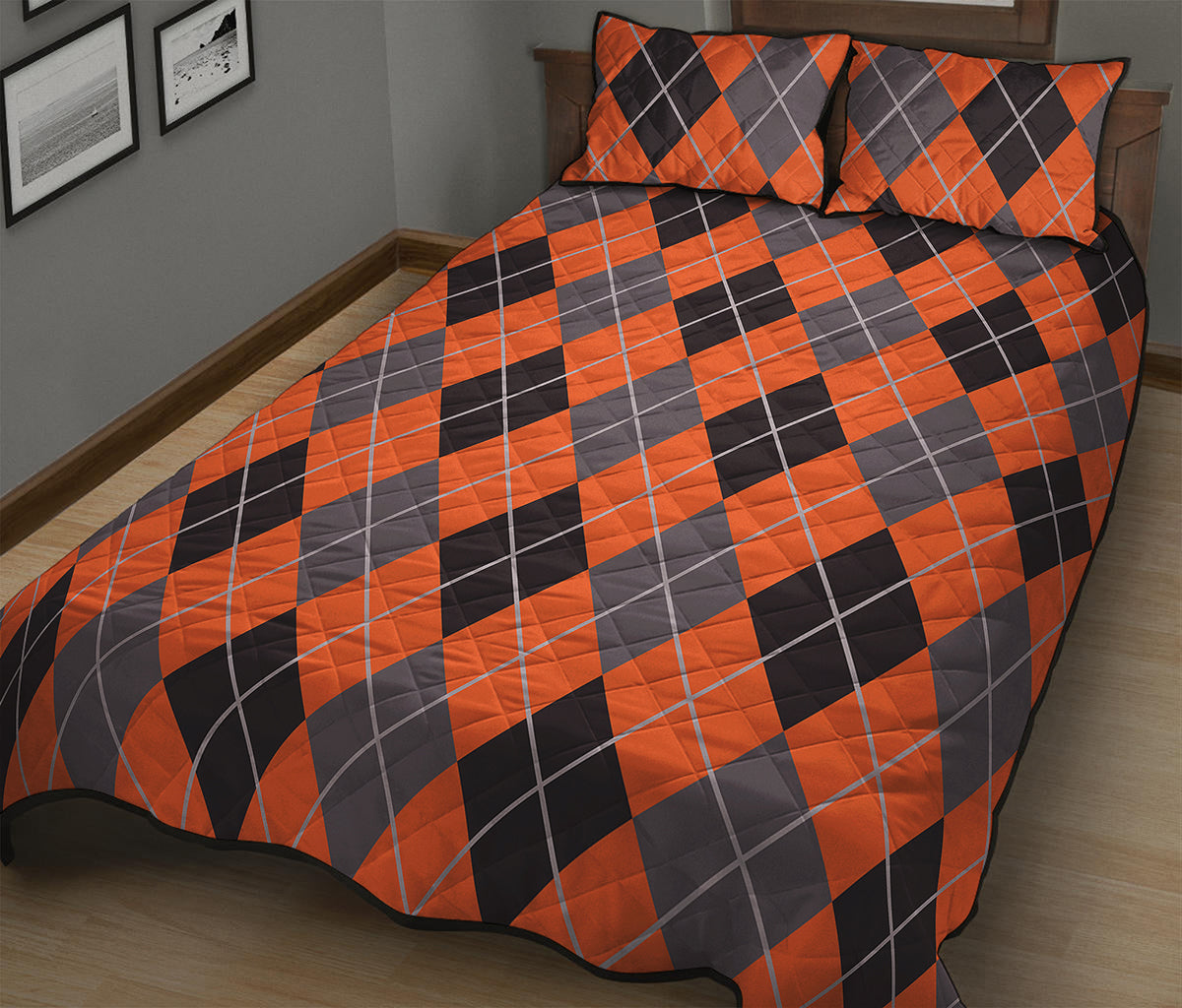 Orange And Grey Halloween Argyle Print Quilt Bed Set