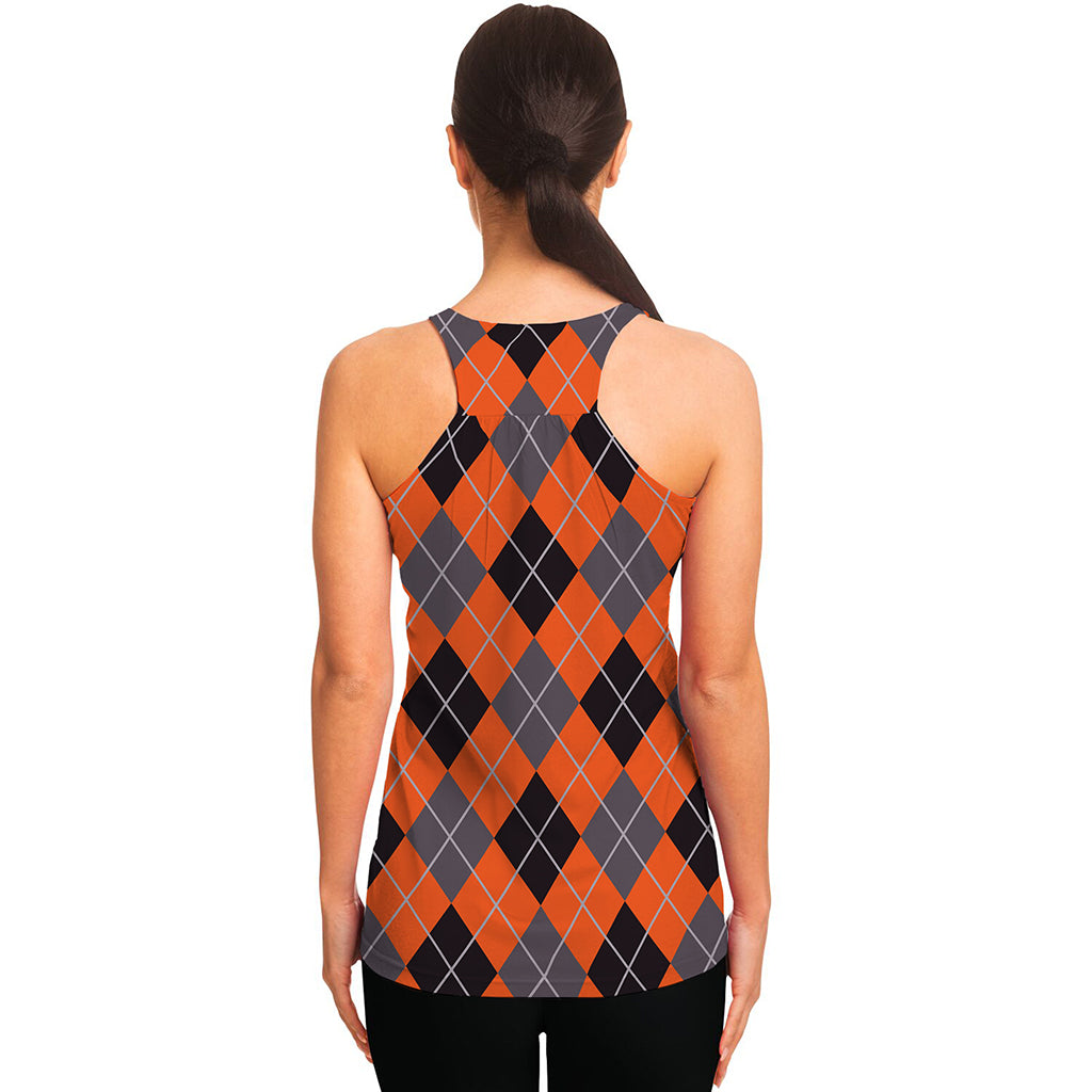 Orange And Grey Halloween Argyle Print Women's Racerback Tank Top