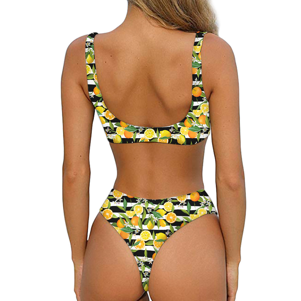 Orange And Lemon Striped Pattern Print Front Bow Tie Bikini