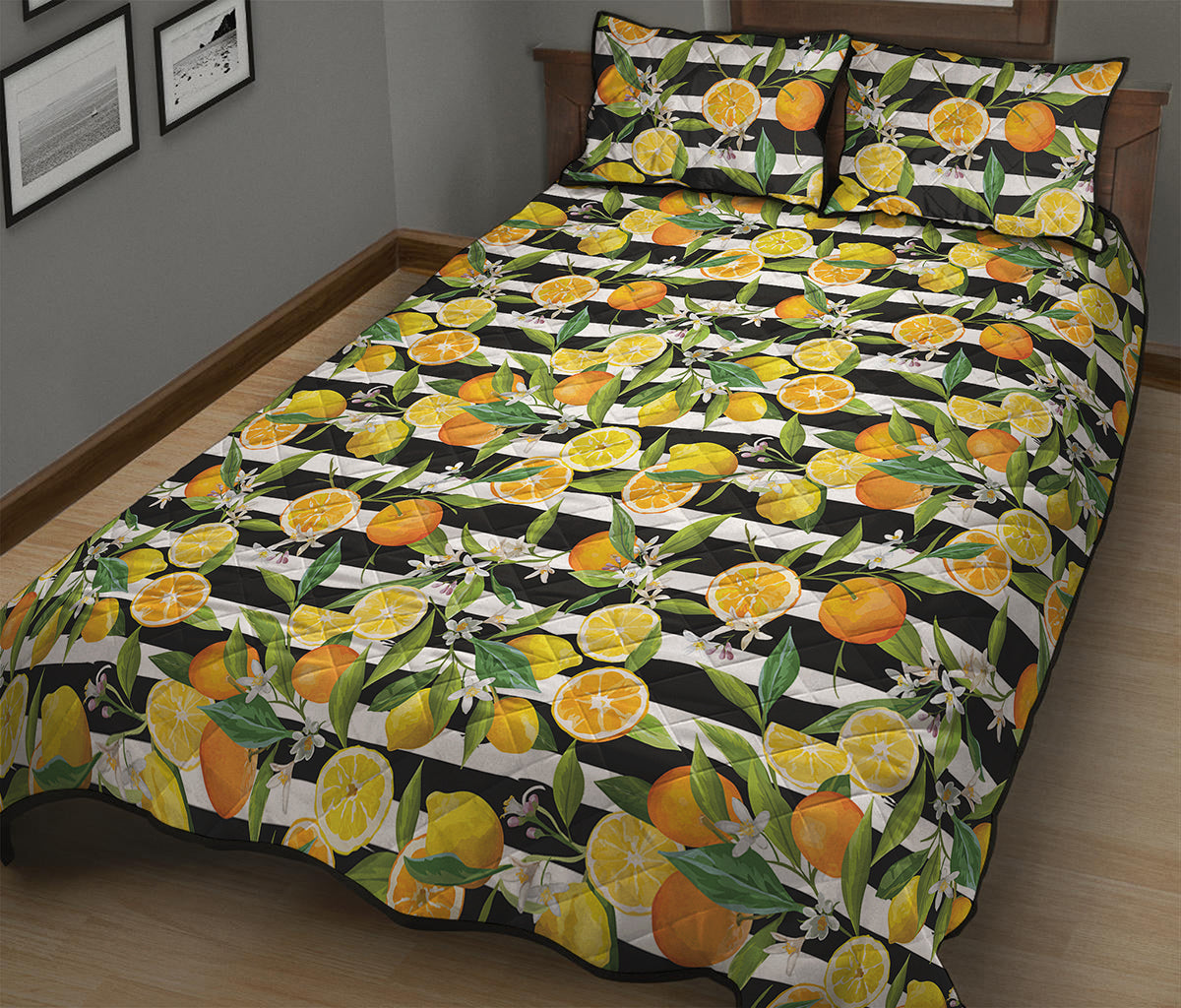 Orange And Lemon Striped Pattern Print Quilt Bed Set