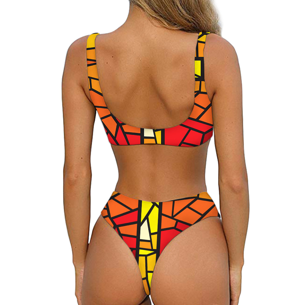 Orange And Red Stained Glass Cross Print Front Bow Tie Bikini