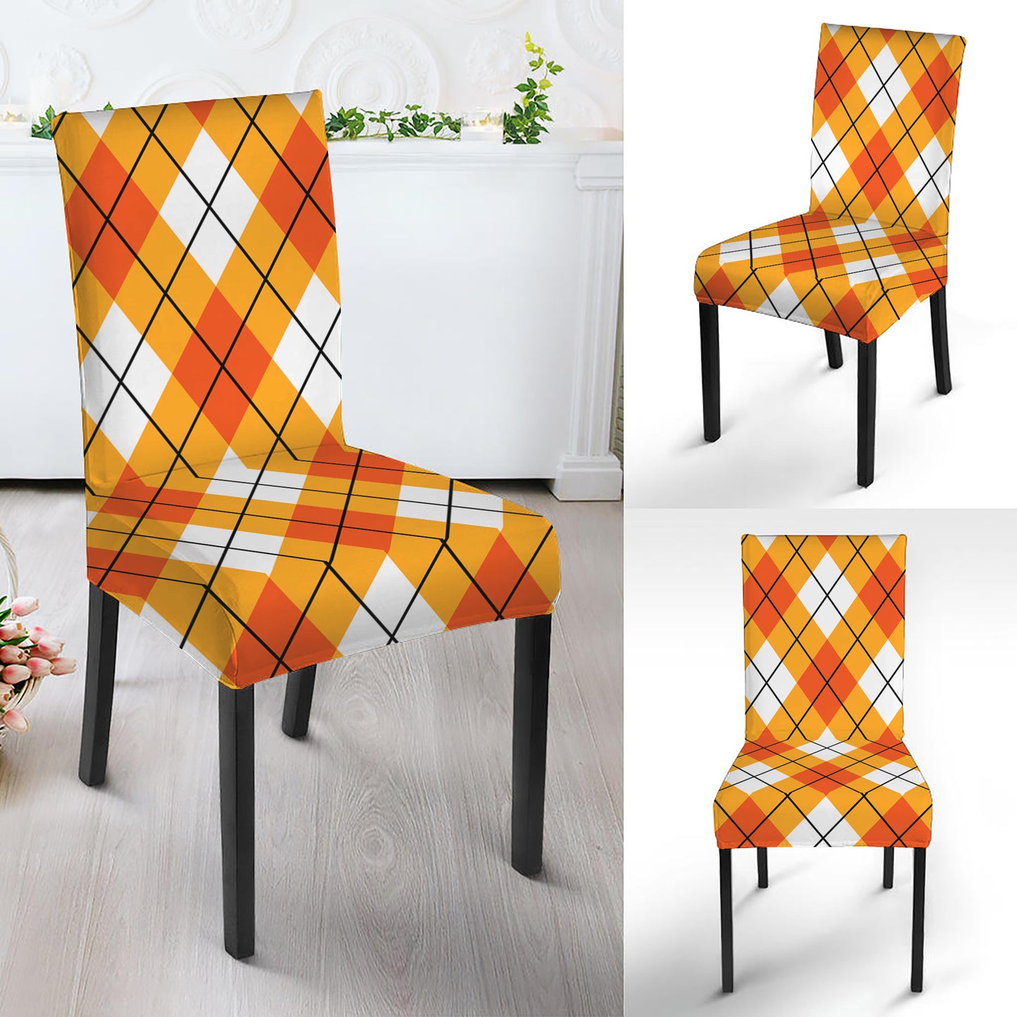 Orange And White Argyle Pattern Print Dining Chair Slipcover