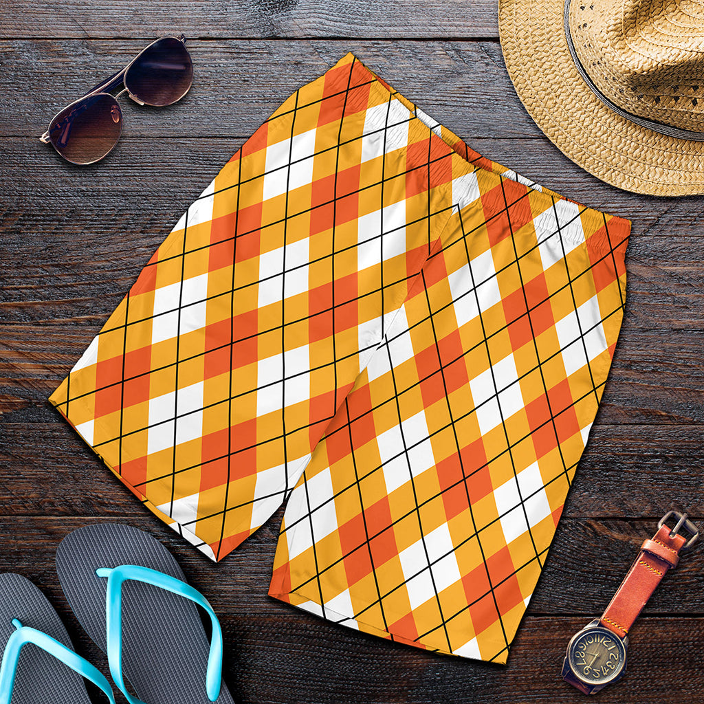 Orange And White Argyle Pattern Print Men's Shorts
