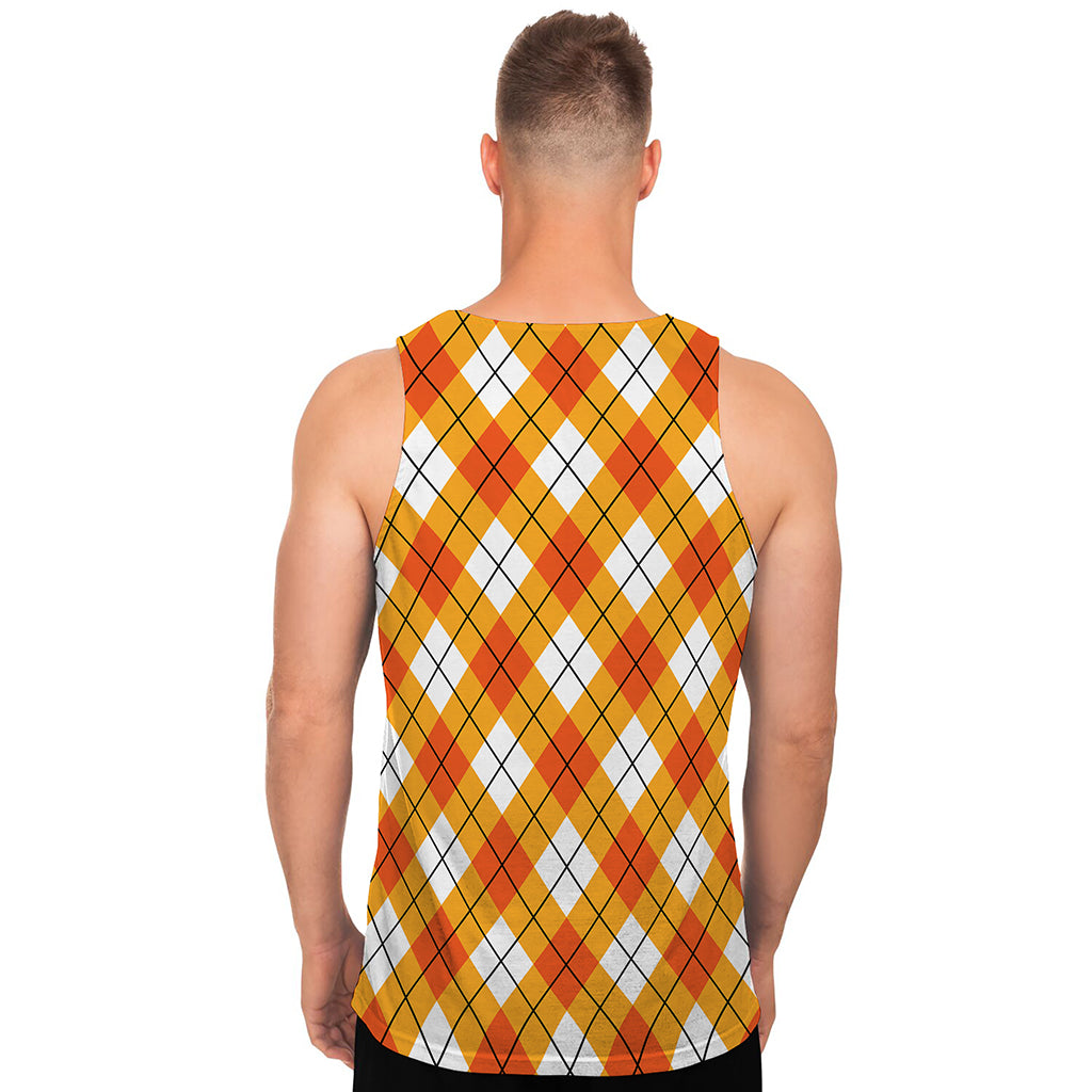 Orange And White Argyle Pattern Print Men's Tank Top