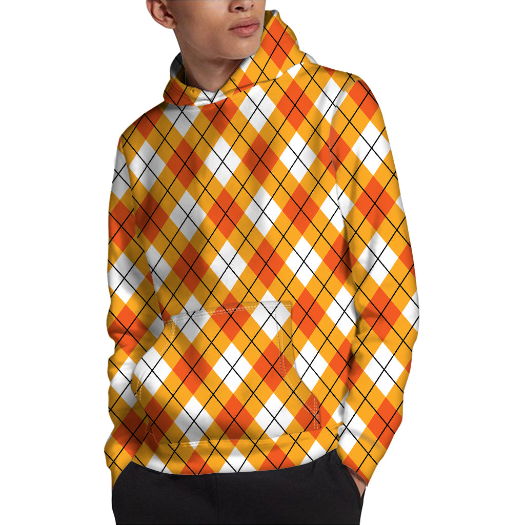 Orange And White Argyle Pattern Print Pullover Hoodie