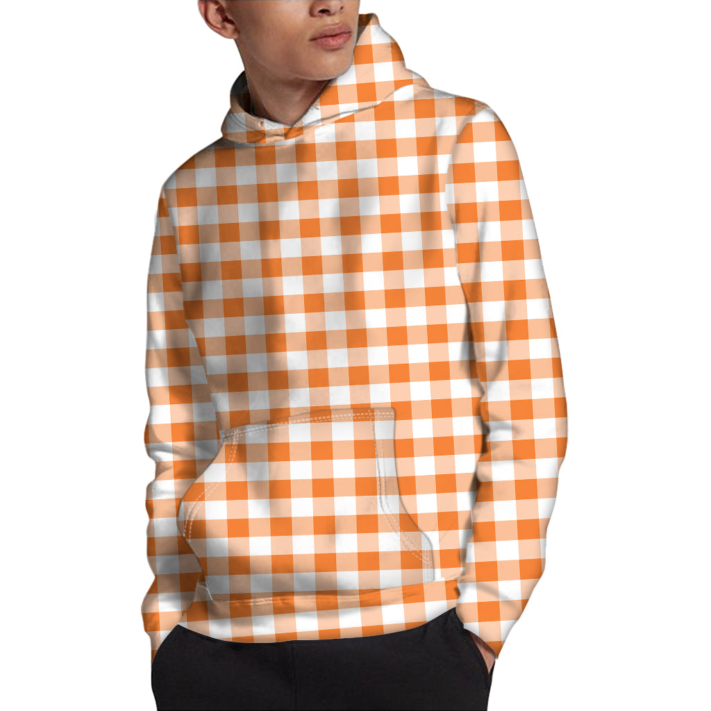Orange And White Gingham Pattern Print Pullover Hoodie