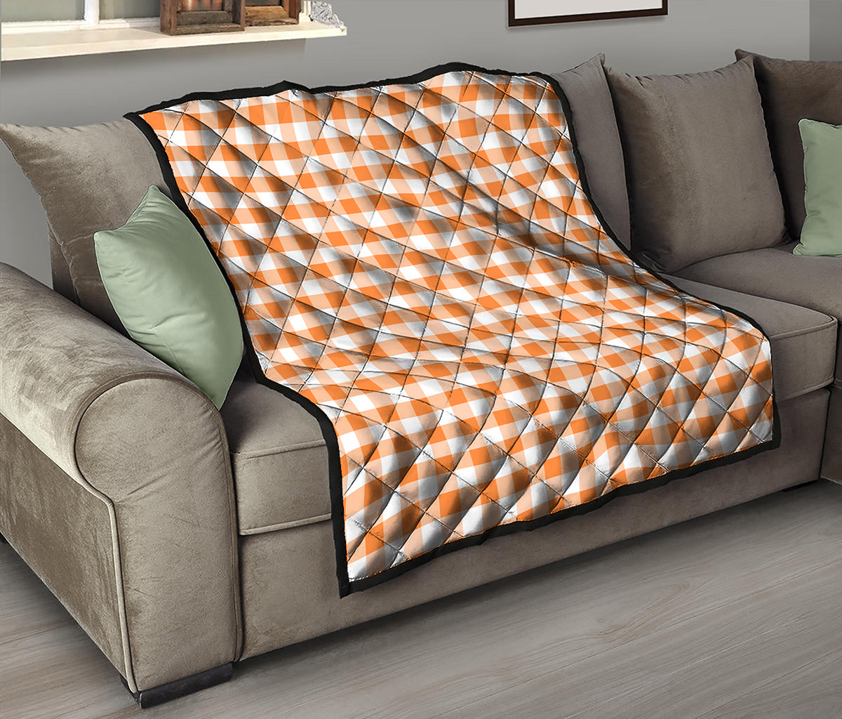 Orange And White Gingham Pattern Print Quilt