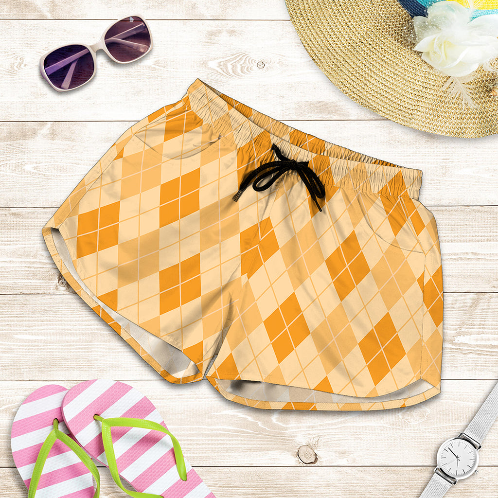 Orange Argyle Pattern Print Women's Shorts