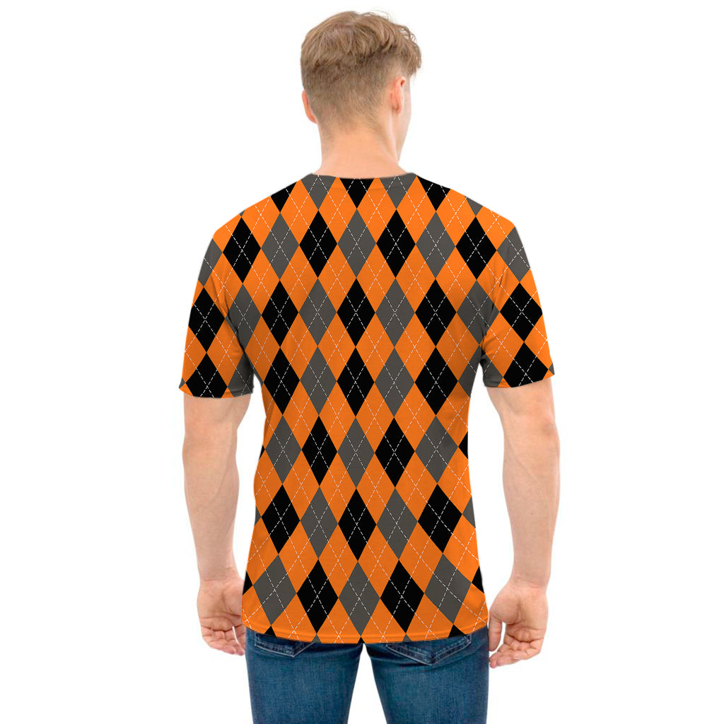 Orange Black And Grey Argyle Print Men's T-Shirt