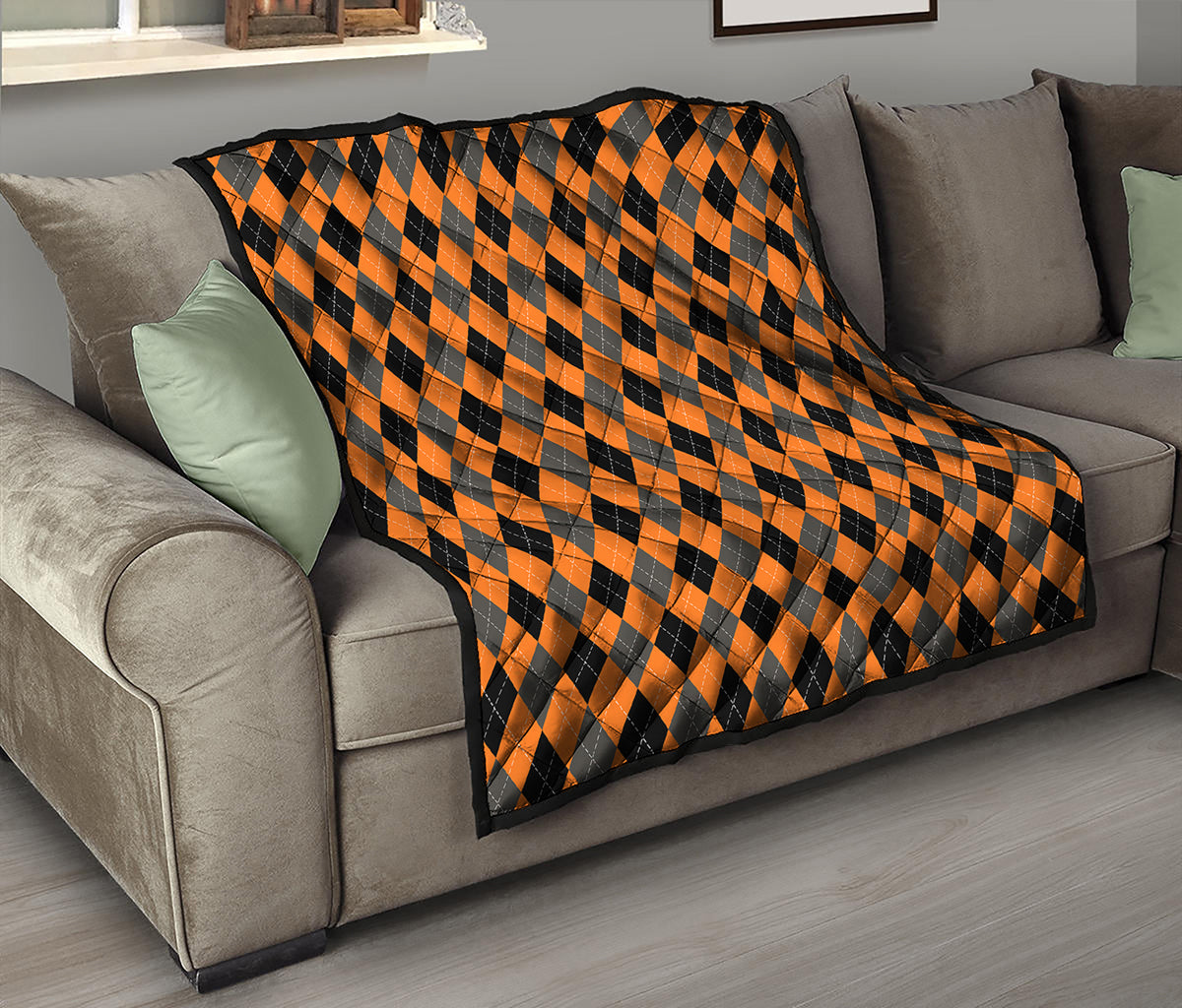 Orange Black And Grey Argyle Print Quilt