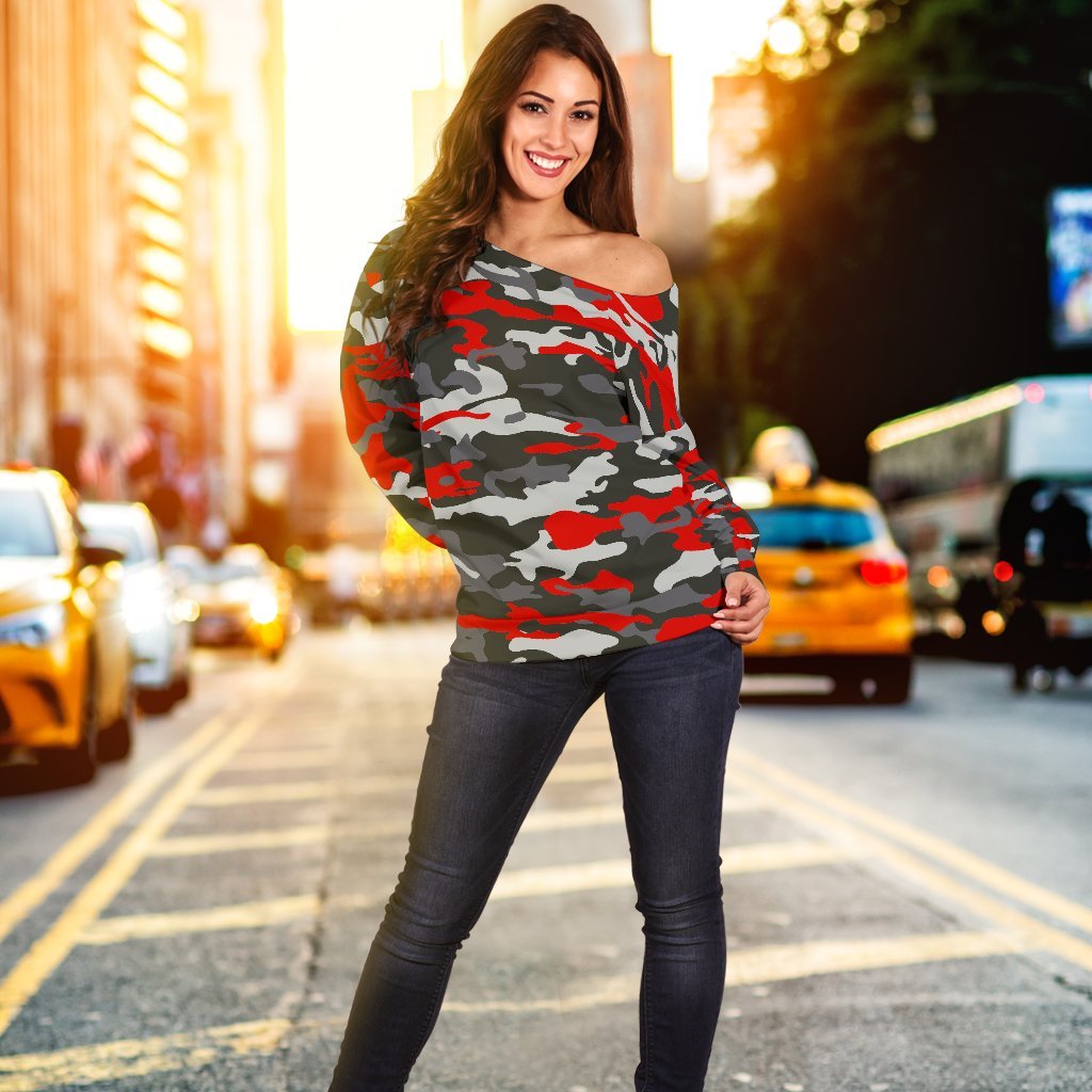 Orange Black And Grey Camouflage Print Off Shoulder Sweatshirt GearFrost